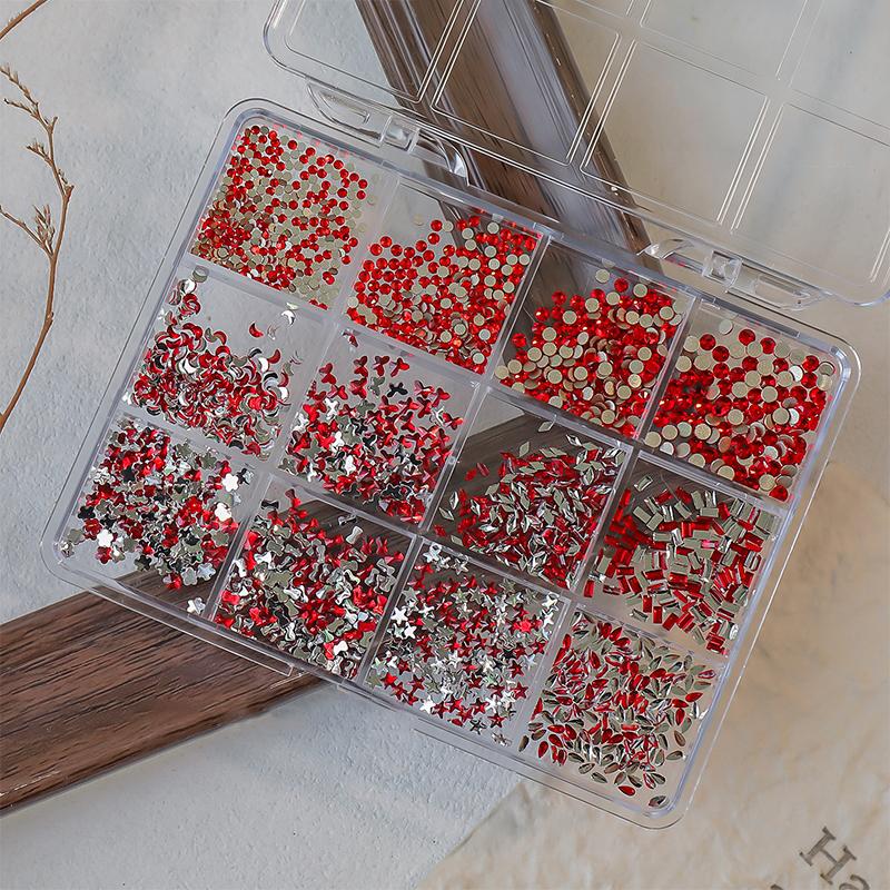 

12 Grids/Box Clear Silver Red Mixed Sizes Flat Bottom Nail Art Rhinestones Crystal 3d Glitter Decoration Nail Parts Accessories красный
