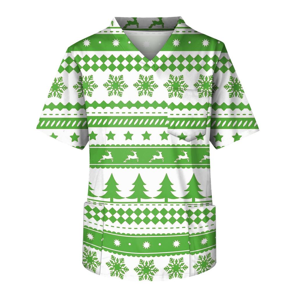 Heren Korte Mouw V-Hals Kerstprint Borstzak Zorgtop