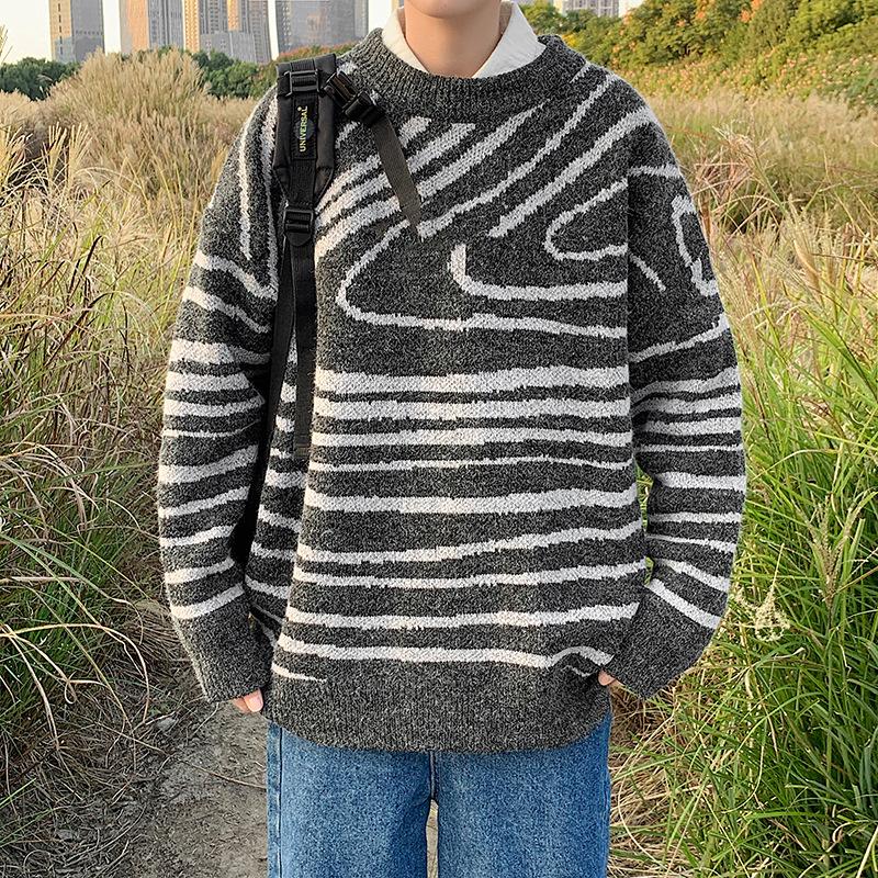 

Свитер мужской Ins Color Matching Pattern студенческий свитер с круглым вырезом свободный модный свитер осень и зима 2XL чёрный