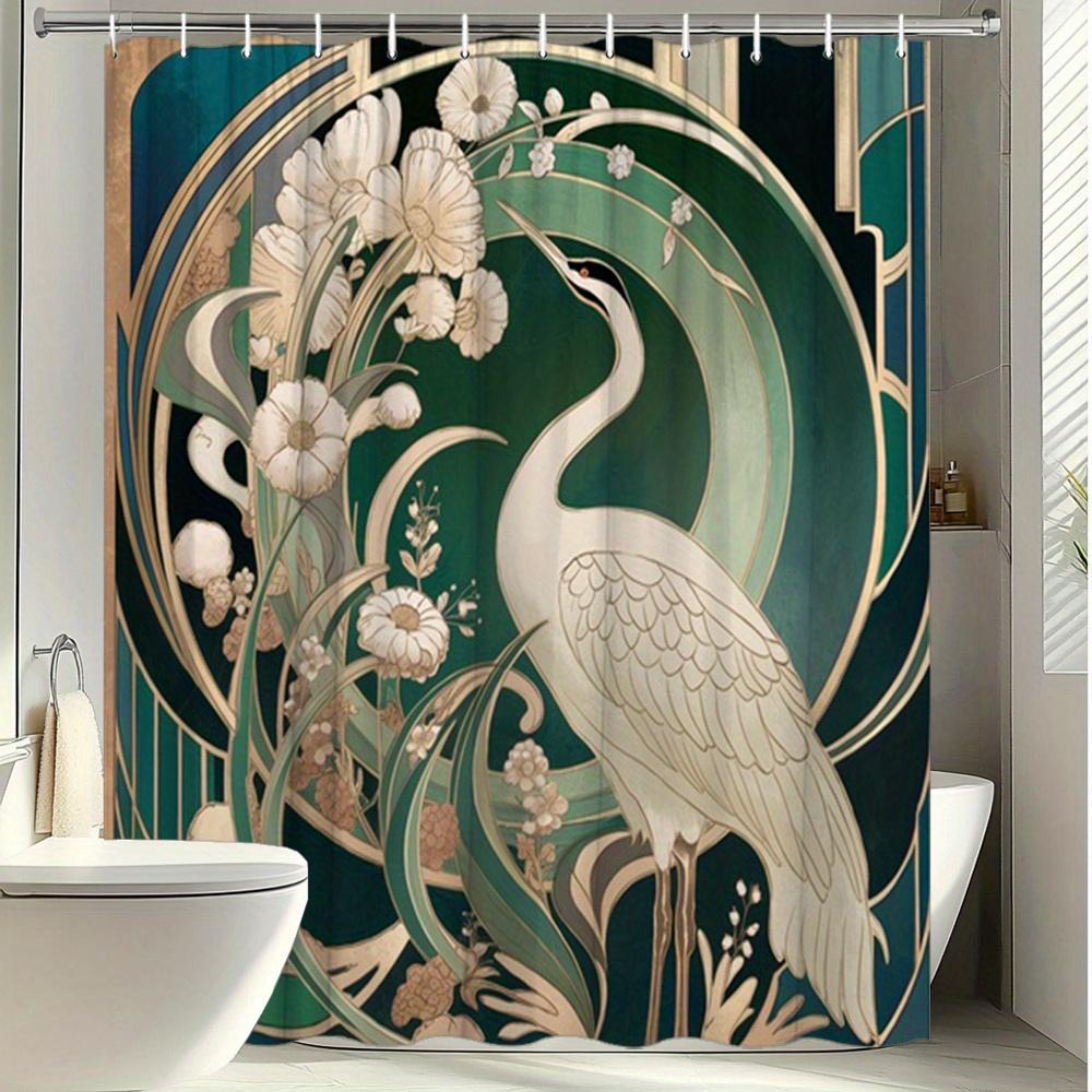 

Elegant Shower Curtain With White Crane And Green Leaves Art Nouveau With 12 Hooks, Decorative Shower Curtain For The Bathroom W60H190(CM)-1 Pcs