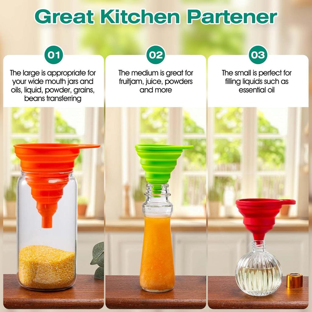 KALAVE Kitchen Funnel Set 6 Pack - Food Grade Silicone Collapsible Funnel, Funnels for Kitchen Use Filling Bottles, Daily Cooking, and Water or