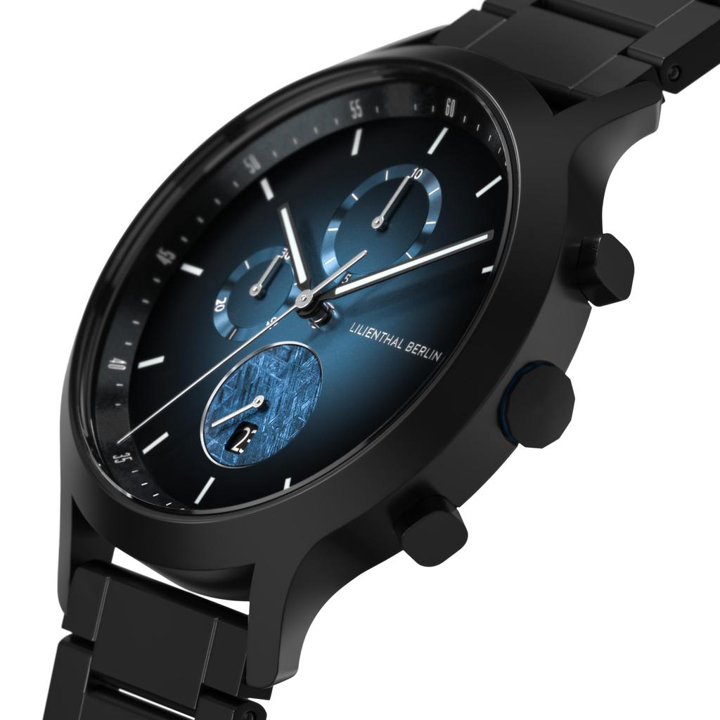 Lilianthal Berlin Chronograph Made in Black Men's Watch, Date, Meteorite, Germany, C01-024-B040C,
