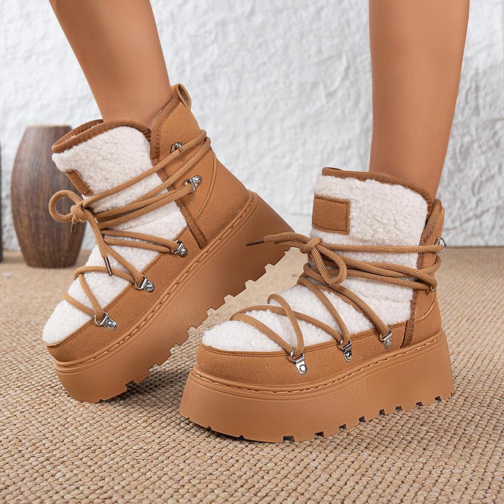 Mode Weiche Dicke Sohle Pelzige Schneestiefel Damen 2025 Winter Schnürung Dekoration Stiefeletten mit Plateau Warmes Kurzes Plüsch Damenschuhe