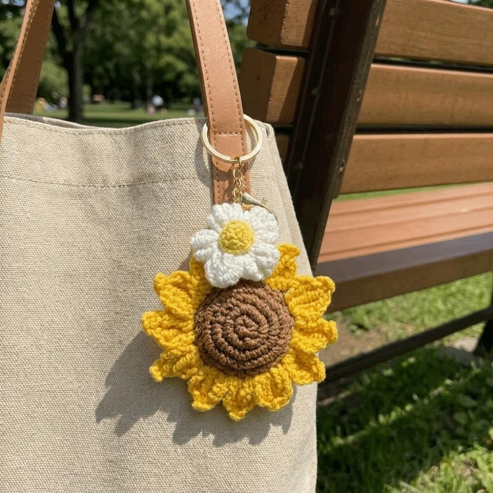 Cotton Crochet Sunflower Pendant Fabric Bag Lanyard Charm Cute Knitted Keychain Daily