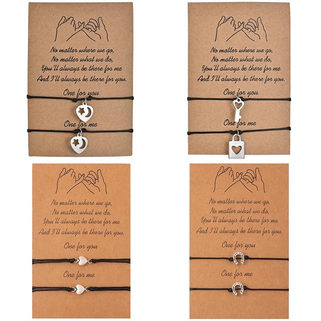 2Pcs/Set Friendship Couples Bracelets Sun Moon Star Hollow Heart Lock Key Adjustable Rope Chain Bracelet Valentines Jewelry Gift