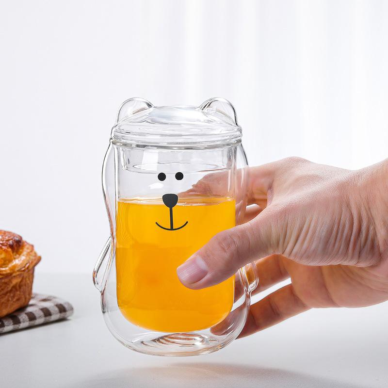 Tasse à café créative 300 ml avec couvercle en verre transparent, motif ours ambré, motif ours mignon