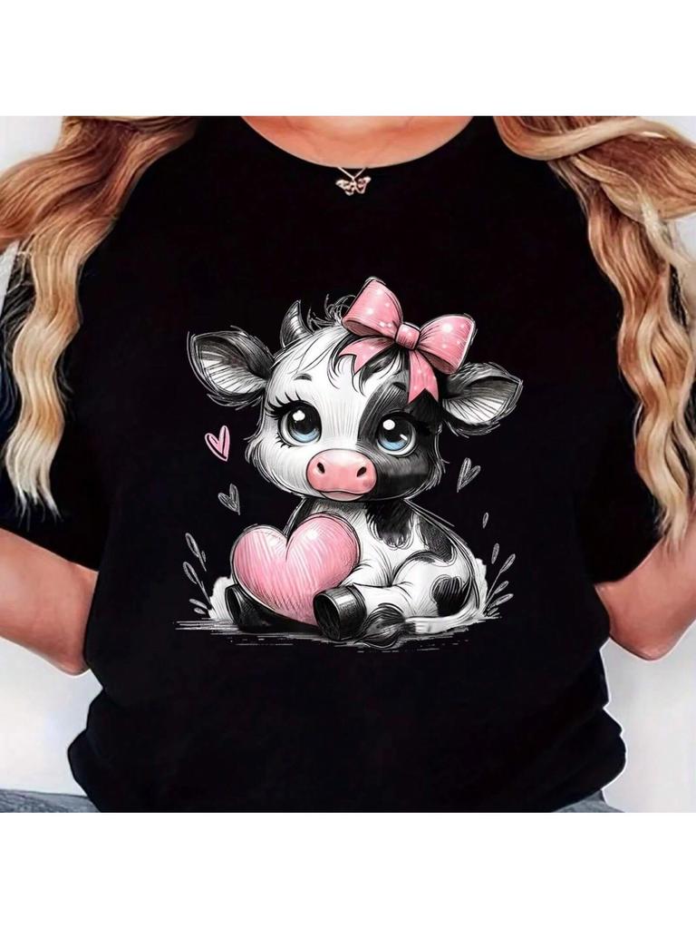 Wo T-Shirt, Little Cow Hugging Pink Heart Print, Retro Minimalist Fashion, Round Neck, Casual And Comfortable, Sports Sho