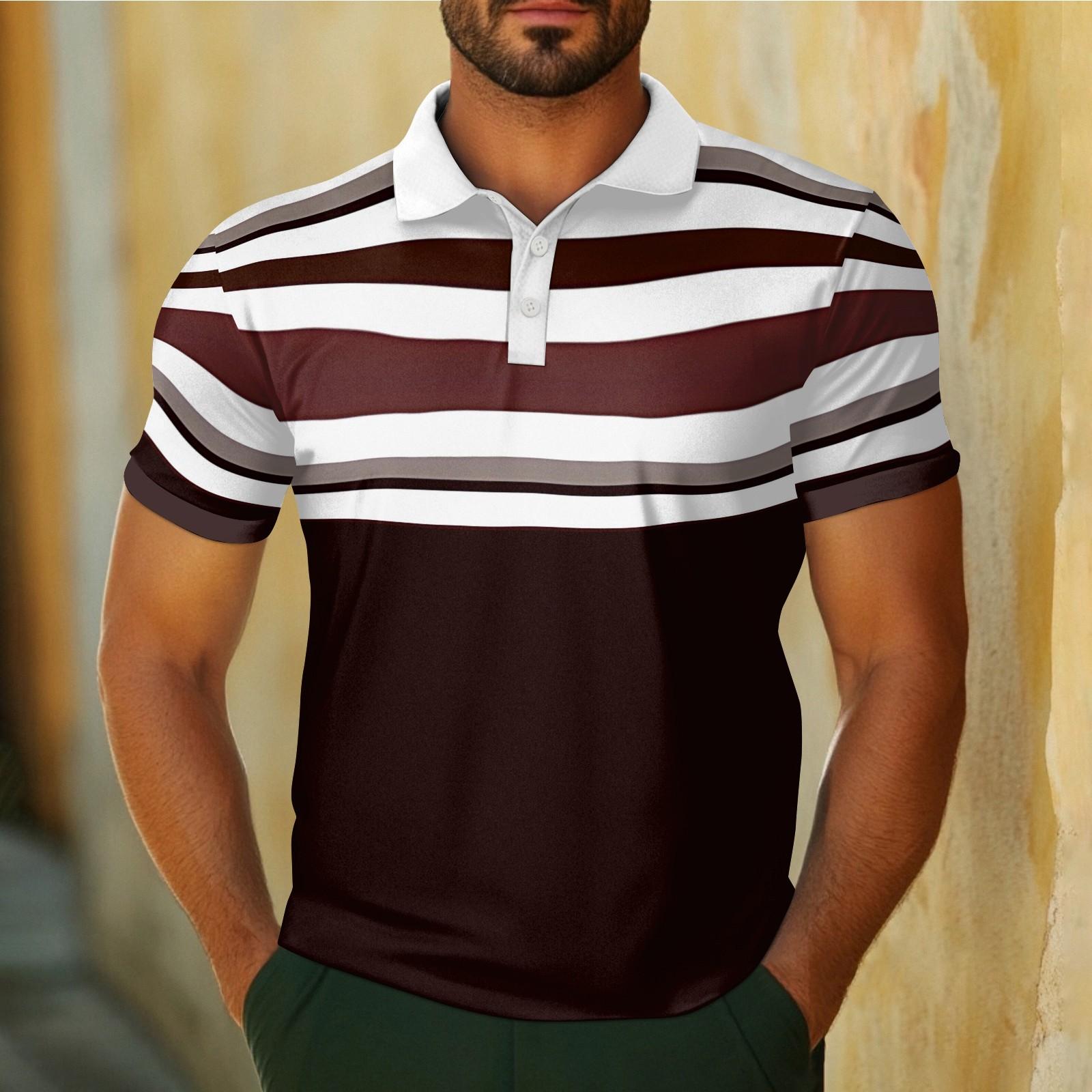 Men s Casual Breathable Short Sleeve Striped Plaid Printed  Shirt M коричневый