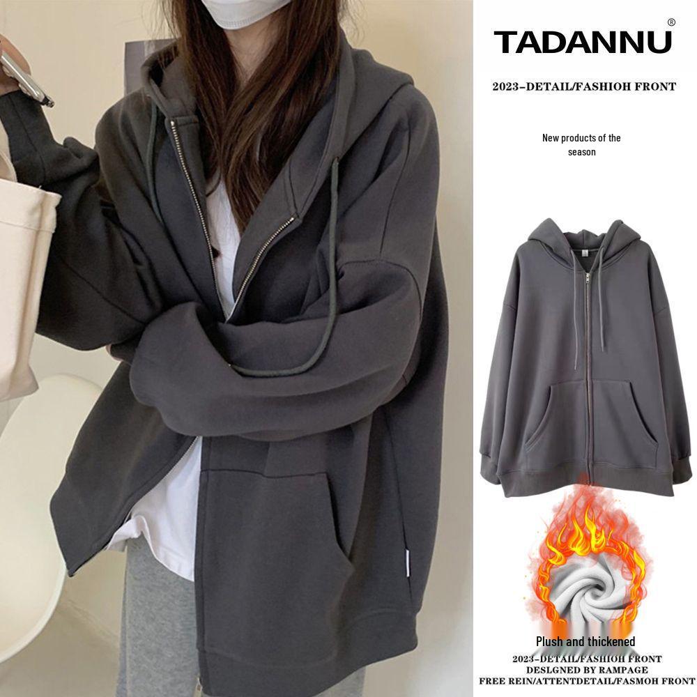 Women's Grey Hooded Sweatshirt: Autumn/Winter 2025 Loose Fit, Korean Style, Plus Velvet, Versatile American Retro Cardigan.