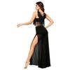 S-XXL Women Lyrical Dance Crop Top V Neck Sleeveless Back Crossing Fringe with Mesh Wide Leg Pants Built-in Briefs for Modern Dance Performance