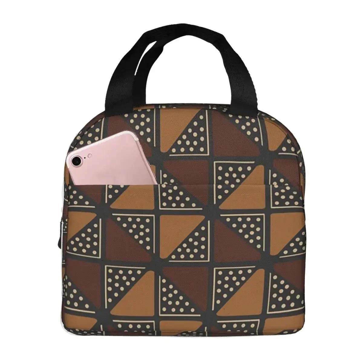 African Bogolan Mudcloth Pattern Insulated Lunch Bag for Women Children Portable Food Boxes Thermal Lunch Box Tote One Size