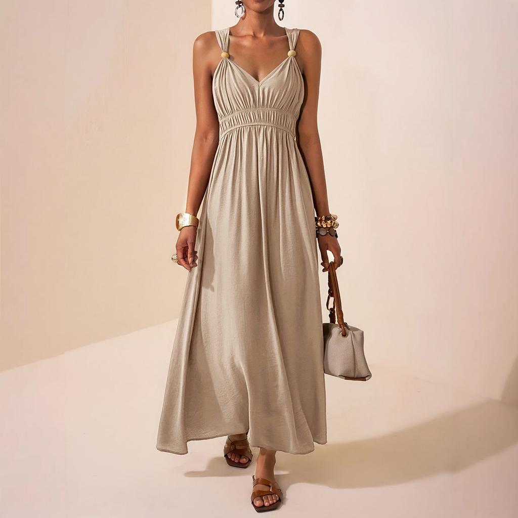 Women Summer Sleeveless V Neck Maxi Dress with High Waist and Flowy A Line Skirt for Beach Holiday Casual Wear