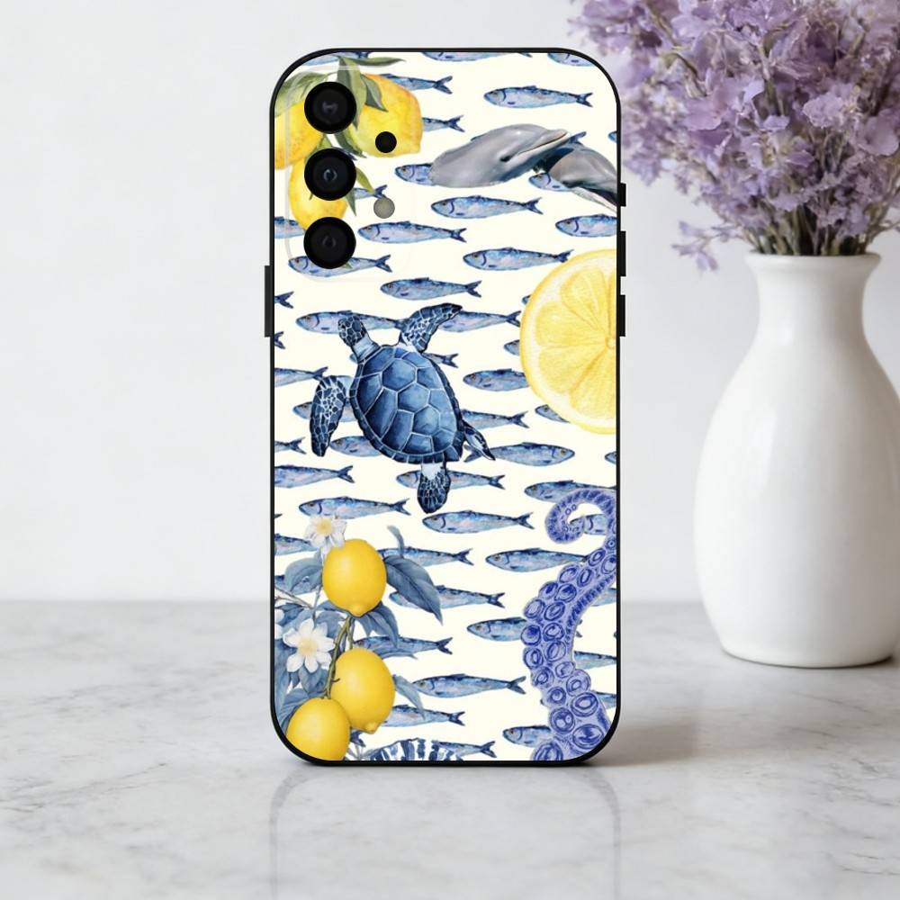 S-Seaside S-Scenery Wine L-Lemon phone Case For Samsung Galaxy A73,A72,A71,A70,A53,A52,A51,Others Soft Black Shell