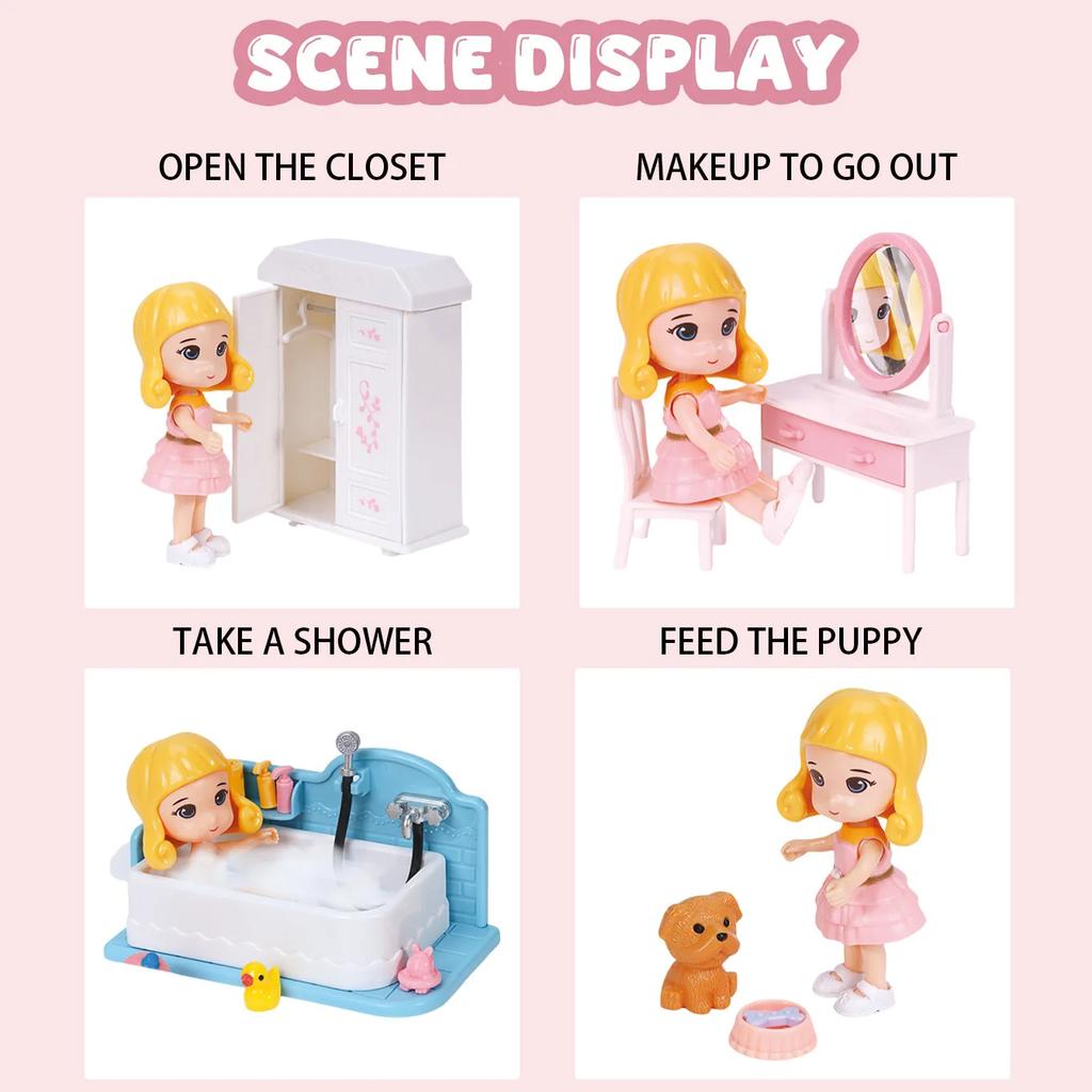 Miniatures House Kit Girls Toys Doll House Mini Room Simulated Bedroom Bathroom Kitchen Study Furniture Play House Toys for Kids