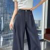 Women's Dark Blue Tencel High-Waisted Slimming Jeans, 2025 Spring/Summer Collection - Straight-Leg, Bright Stitching, Fashionable Draping Design.