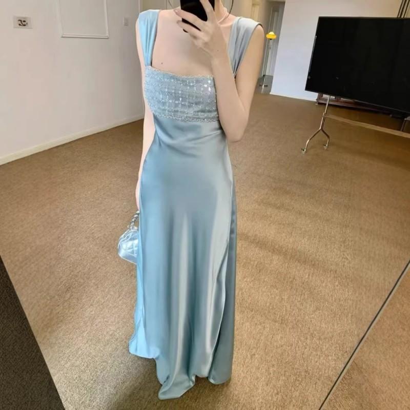 High-end Sapphire Satin Light Luxury Dress 2026 Heavy Industry Beaded Banquet Suspender Long Skirt Small синий