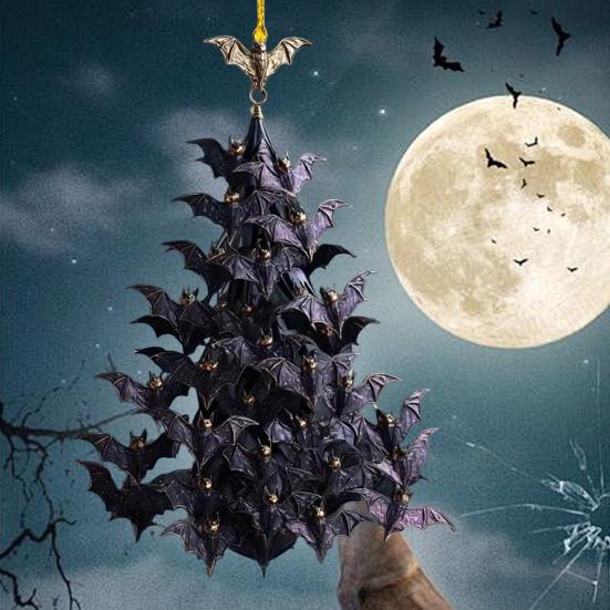 Bat Swarm Tree Ornament Black Bat Stack Hanging Decoration Gothic 2D Flat Acrylic Flying Bat Pendant for Yard Porch Halloween Home Decor