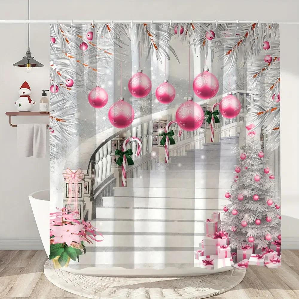 Happy Christmas Holiday Shower Curtain Christmas Tree Cedar Holiday Gift Polyester Home Shower Curtain Bathroom Decor with Hooks
