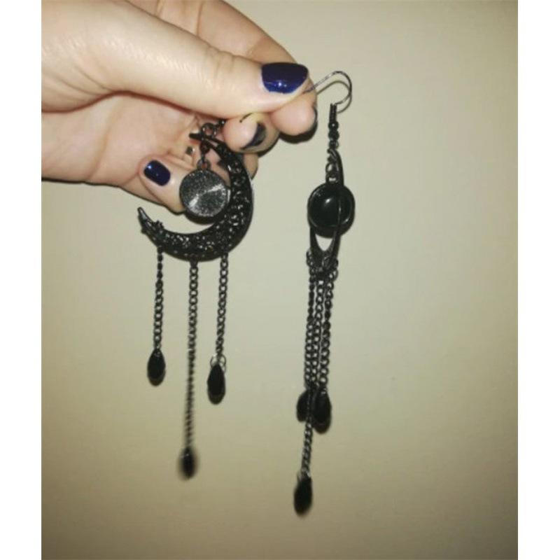 Gothic Halloween Black Crystal Moon Tassel Earrings чёрный