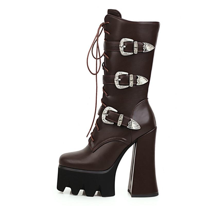 Sexy Punk Combat Boots Women Leather Platform 2024 Autumn Fashion Rubber Gothic Thick Heels Mid-calf Boot Women Large Size 48