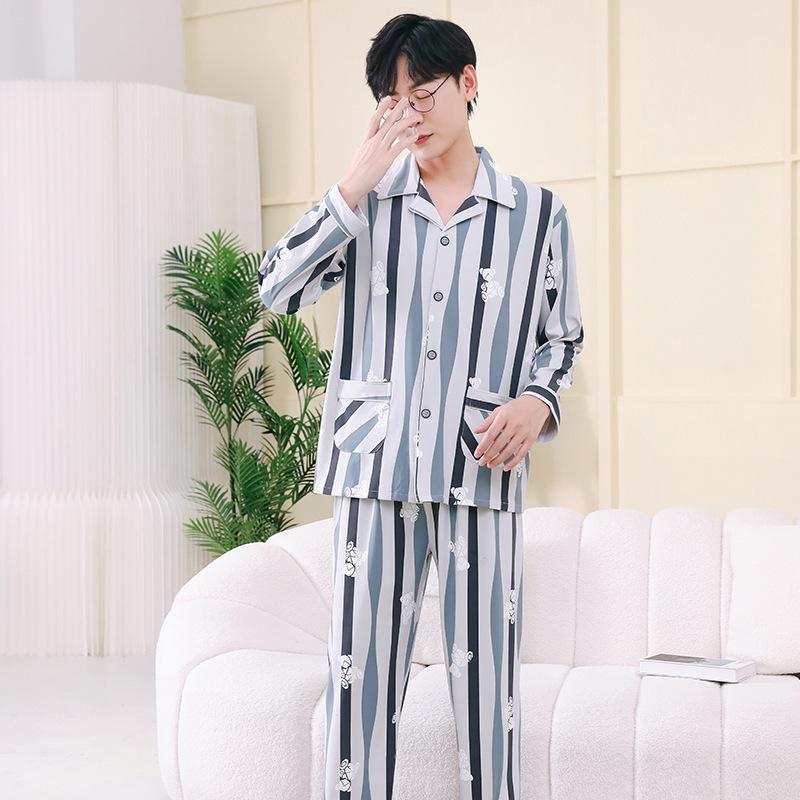 Men's Printed Long Sleeve Knit Cotton Pajama Set with Cardigan Lapel for Spring, Autumn, Winter