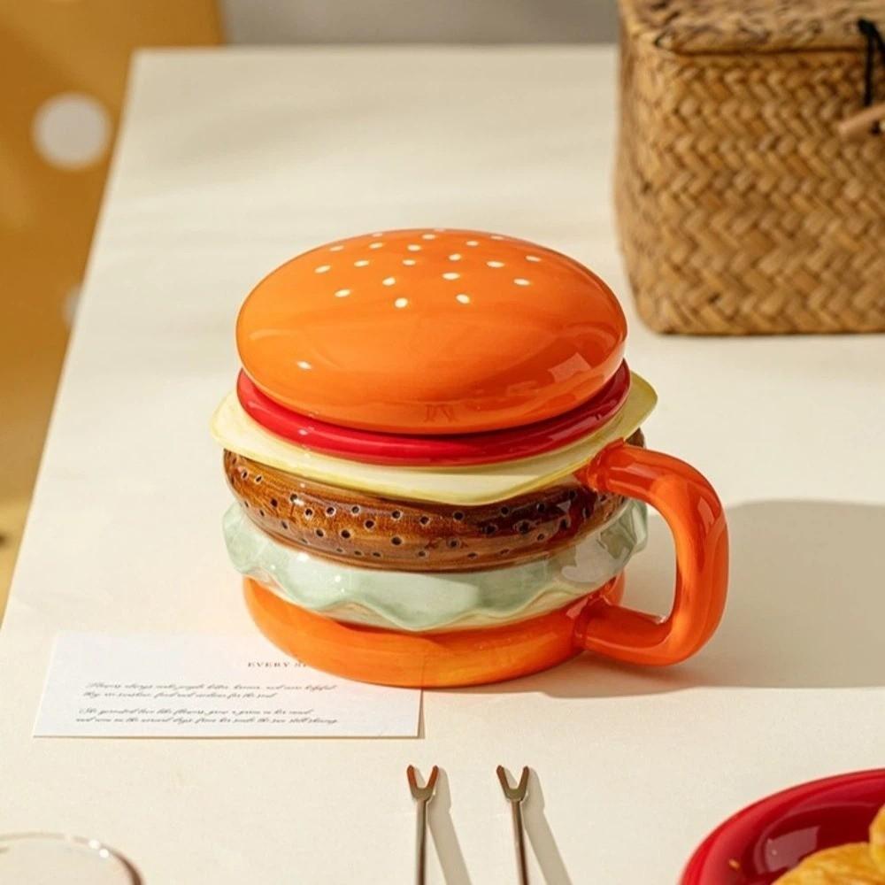 Bright Fun Colors Burger-Shaped Ceramic Mug Cartoon Comfortable Grip Coffee Cup with Lid 420ml Breakfast Cup Birthday Gift