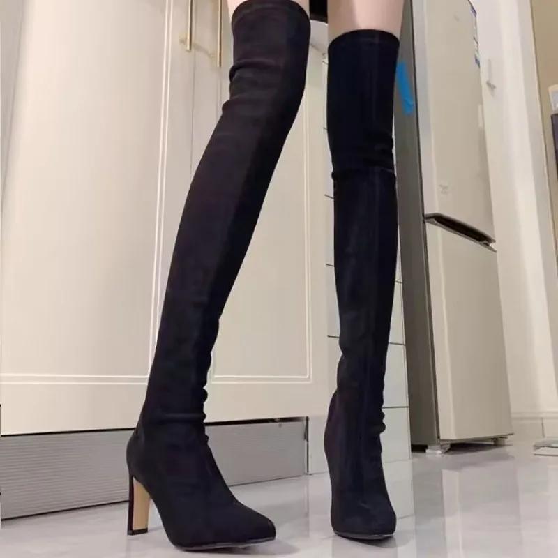 Fashion 2025 New Block Heel Stretch Skinny Boots Long Boots Women's New Suede Sexy Skinny Pointed Toe Small Knee Thin Boots