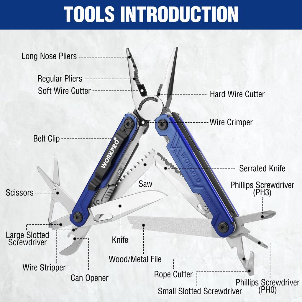 WORKPRO Multi-function Pliers, Outdoor Multi-Tool, Multi-Pliers, 18-in-1, Folding Pliers, Wire Cutter, Saw, File, Screwdriver, Can Opener, Locking