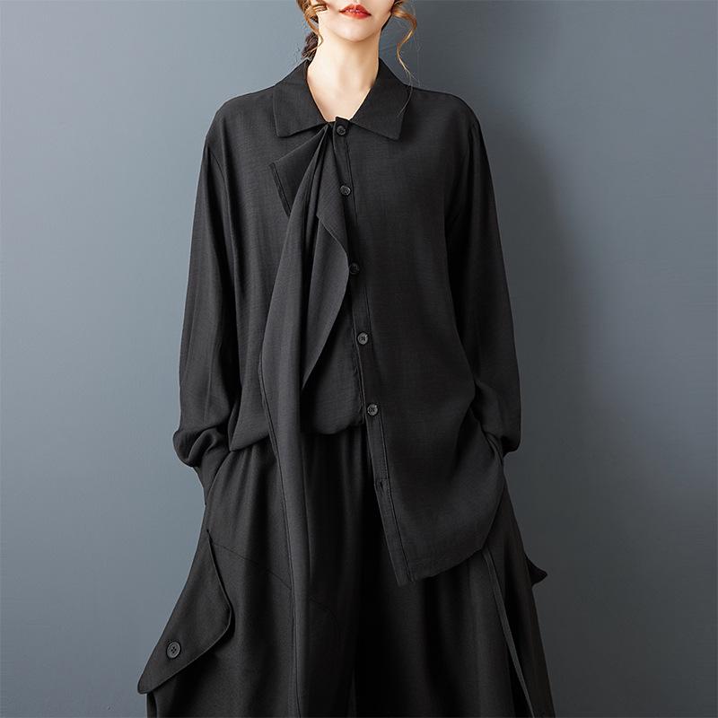 Spring Dark Style Niche Design: Loose Lapel Sashes Shirt & Wide Leg Pants Set