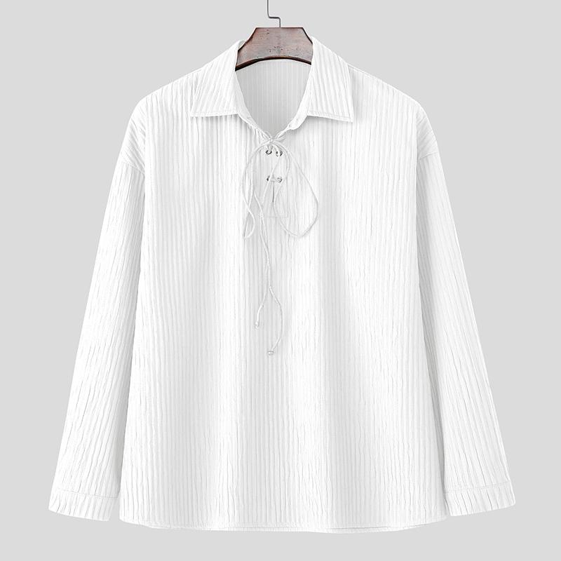 INCERUN Men Long Sleeve Bandage Eyelet Decorative Texture Casual Loose Pullover Tops