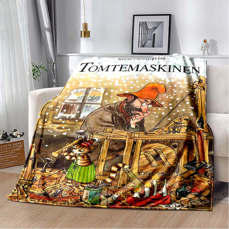 Pettson And Findus Nordic Book Flannel Blanket Vintage Fishing Print Soft Fleece Throw For Kids Sofa Decor, Birthday Gift For Children & Book Fans 80cm x 120cm