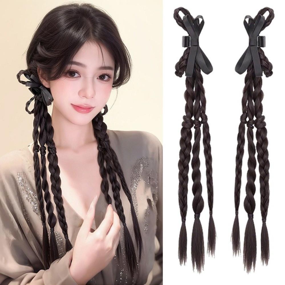 2pcs Sweet Twist Braid Hairpiece Handmade Girls Bow Wig Hairbands  for Women
