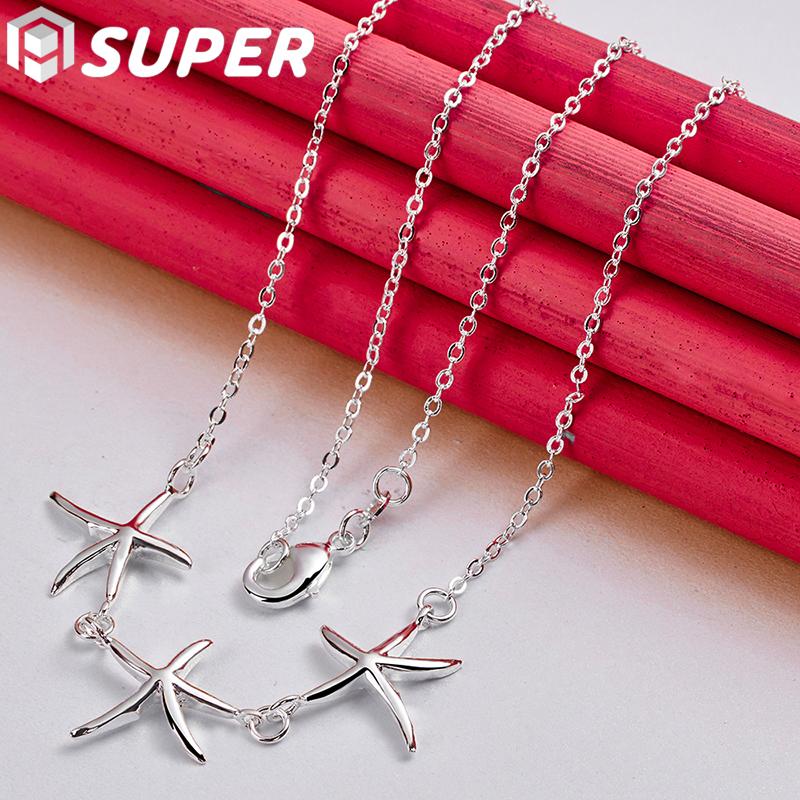 925 Sterling Silver Smooth Three Seastar Chain Necklace Jewelry