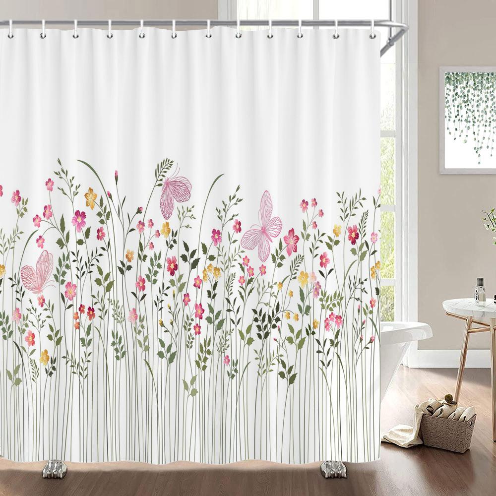 Plants Flower Shower Curtains Butterflies Bathroom Bathtub Decoration Waterproof Polyester Bath Curtain Home Decor with Hooks