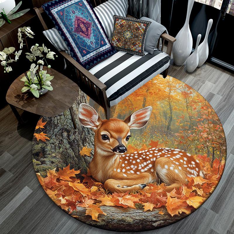 Autumnal Fawn Round Area Rug,Carpet Rug for Living Room Bedroom Sofa Playroom Decor,Non-slip Floor Mat