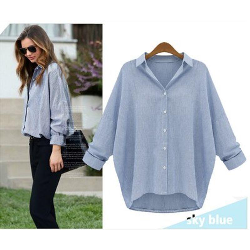

Spring, Autumn and Winter New Fashion Style Street Fashion Women s Wear over Loose plus Size plus Size Stripes Long Sleeves Shirt Fashion Blue and white strip XL