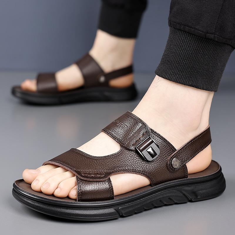 Leather sandals men's trendy first-layer cowhide beach shoes men's non-slip wear-resistant slippers soft-soled middle-aged and elderly dad shoes