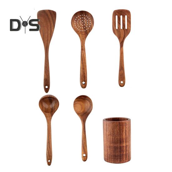 

5/6 шт. Набор деревянных кухонных принадлежностей с антипригарным покрытием, кухонные принадлежности с держателем, удобная ручка, набор лопаток, прочный деревянный эргономичный дизайн, кухонные инструменты для легкого 6pcs