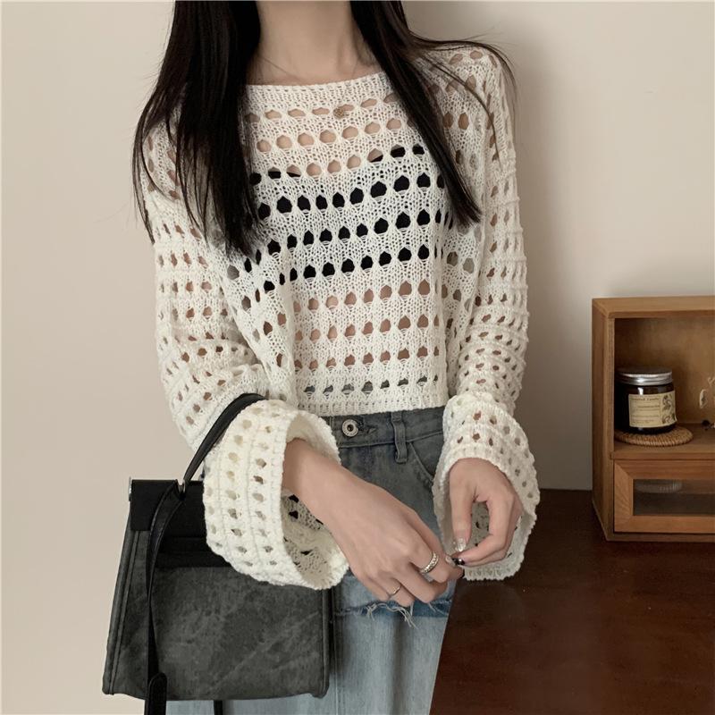 Haut Couvrant Manches Longues en Maille Creuse Design Printemps Été Court Protection Solaire