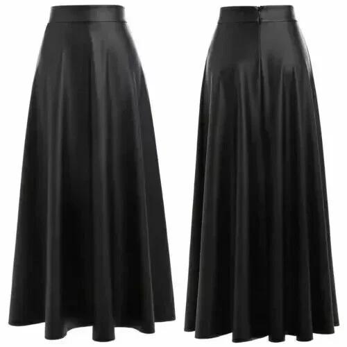 Pure Real Leather Long Classic Flare Wear Skirt Black Women's Genuine Lambskin