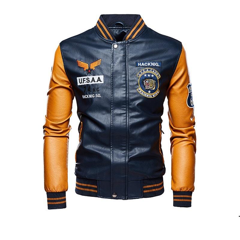 Spring and Autumn Embroidered Motorcycle Leather Jacket for Men, Autumn and Winter Green Zipper Baseball Collar, Men's Leather Jacket Tough Guy Clip