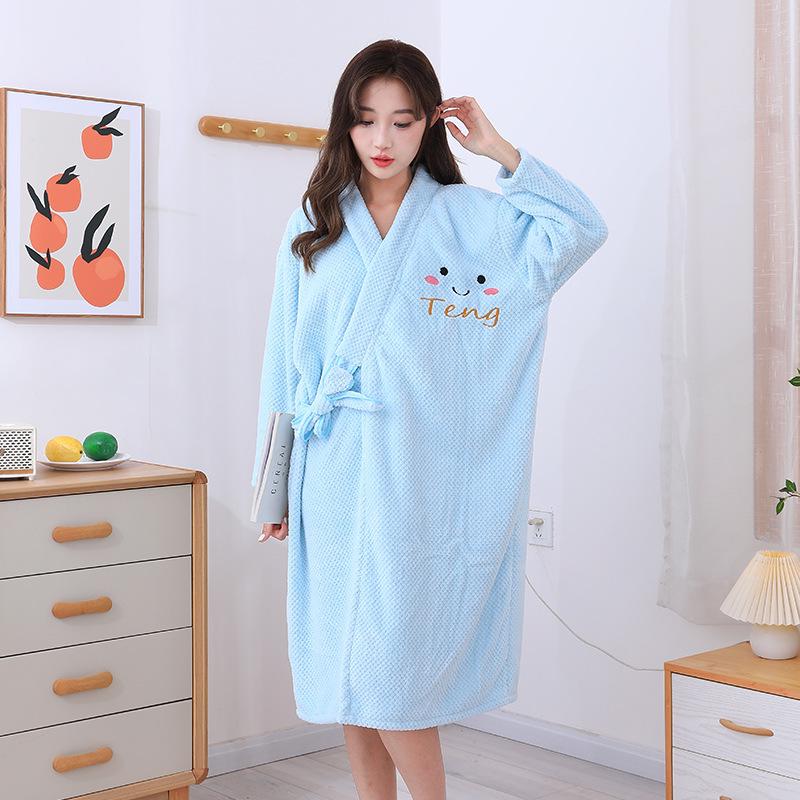 Women's Coral Fleece Bathrobe Set: Long Sleeve Bath Dress and Hair Drying Cap