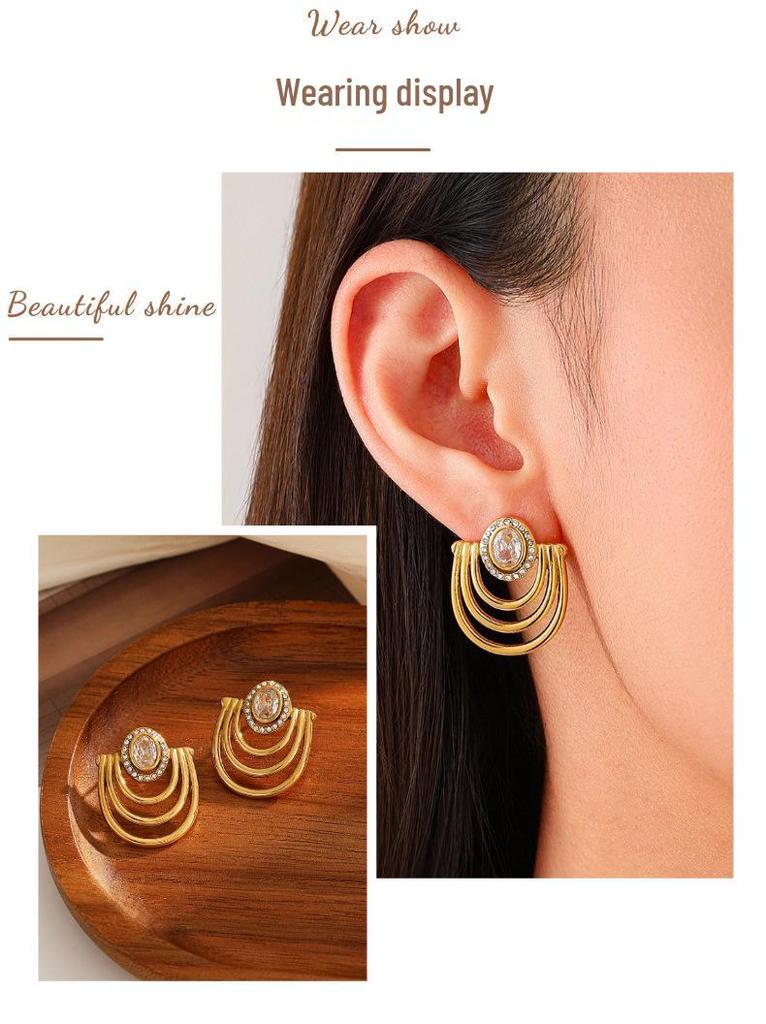 18K Gold Vacuum-Plated Stainless Steel Zirconia Stud Earrings - Women's High-End European American Retro Style, Waterproof with Polished Finish
