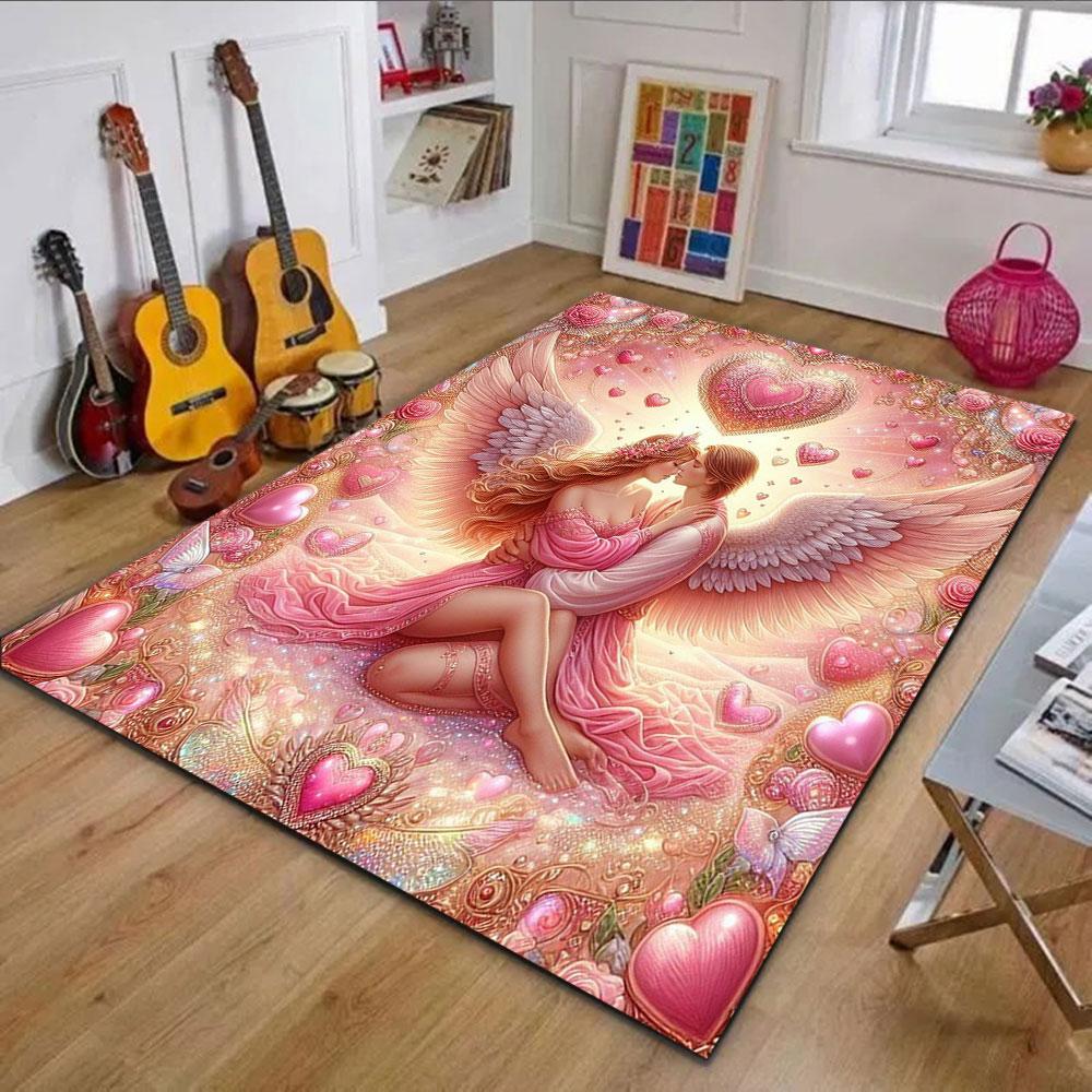 Angel Couple with Wings and Pink Hearts Patterned carpet, non slip mat suitable for living room and bedroom sofas