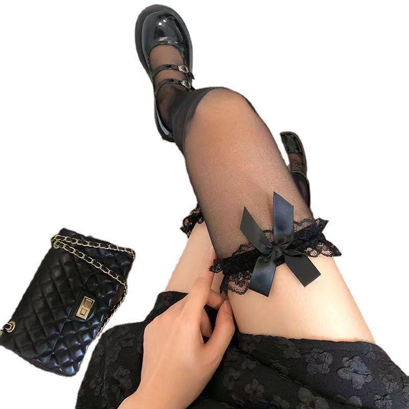 Huahu A8 Dünne Sommer-Overknee-Strümpfe in Schwarz mit weißer Schleife für Damen