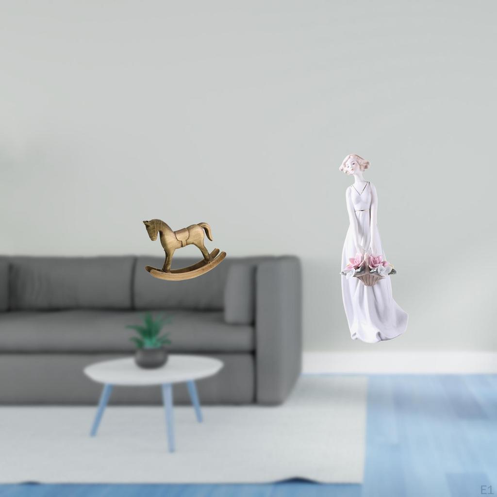 Rustic Wooden Rocking Horse And Modern Ceramic Girl Figurine Sculpture Ornament for Home Decor