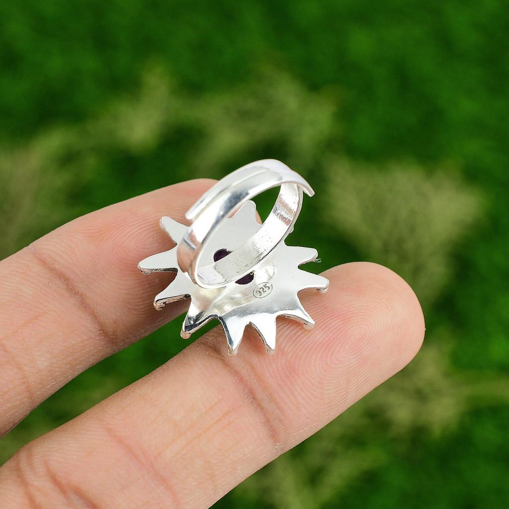 Natural African Amethyst 925 Silver Statement Flower Adjustable Ring For Women