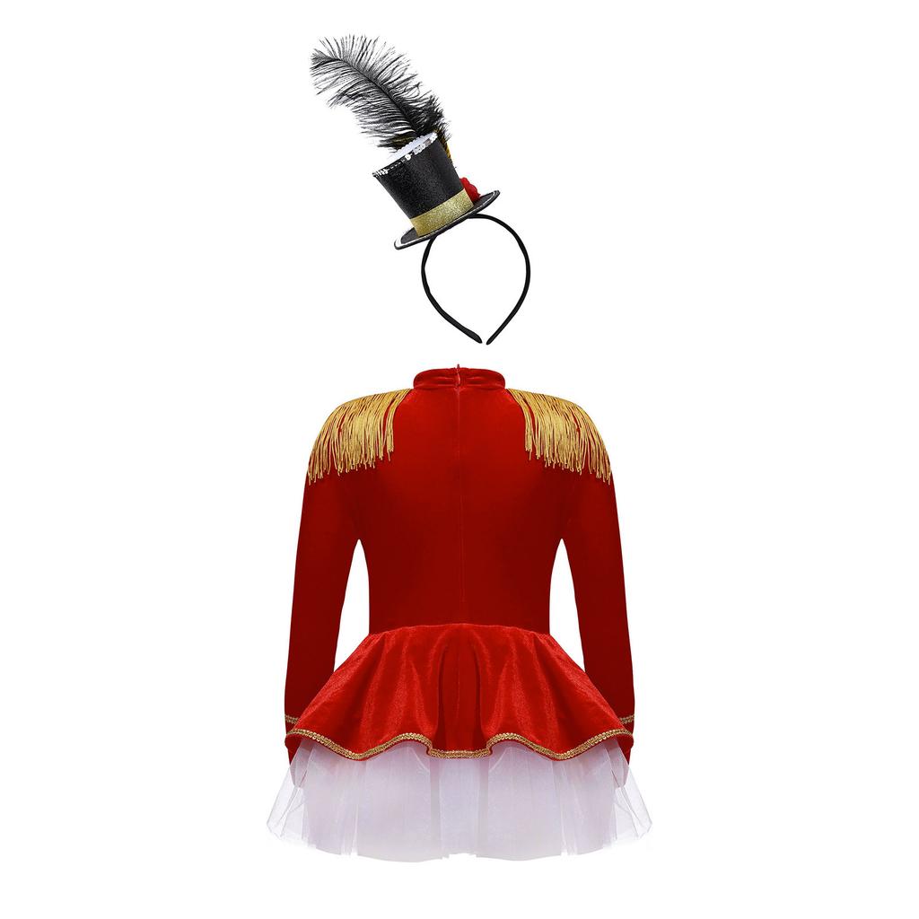 Mädchen Ringmaster Zirkus Kostüm Set Langarm Quaste Schulter Tutu Leotard Kleid Hut