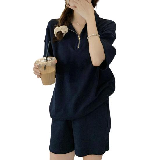 2 Pcs/Set Women Summer Sweatshirt Pants Set Short Sleeve Zippered Turn-down Collar Top Drawstring Elastic Waist Loose Sweatpants Tracksuit Pansuit