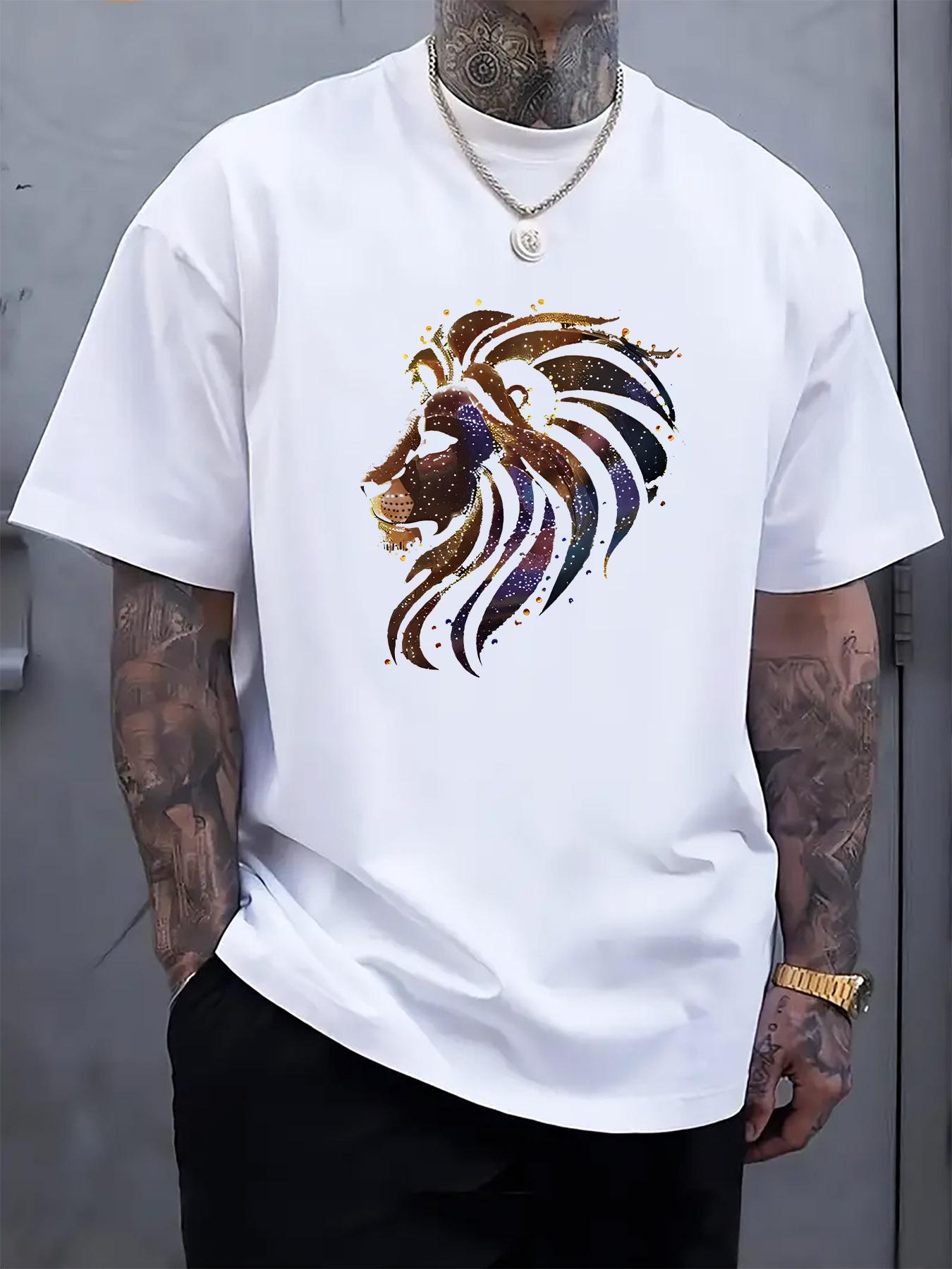 Black T-shirt with Vibrant Lion Print - Casual Crew Neck XXXXL